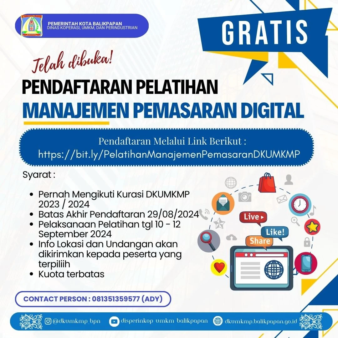 Mari UMKM ikuti Pelatihan Manajemen Pemasaran Digital 10 – 12 September 2024